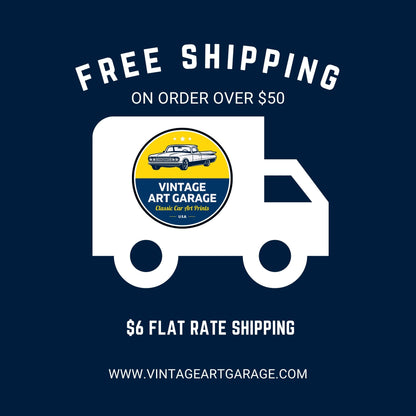 Promotional graphic for Vintage Art Garage with free shipping offer on a dark blue background.
