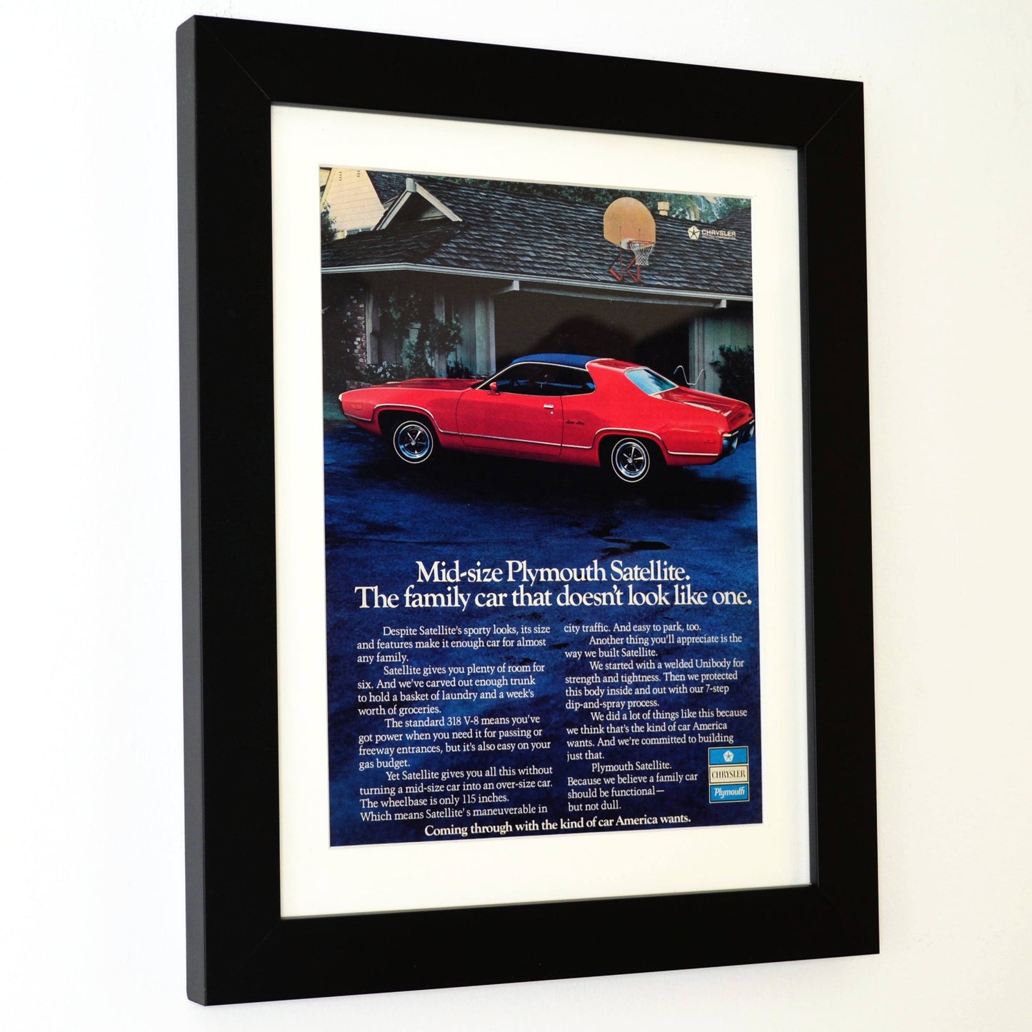 1972 Plymouth Satellite vintage print ad, framed automobilia wall art