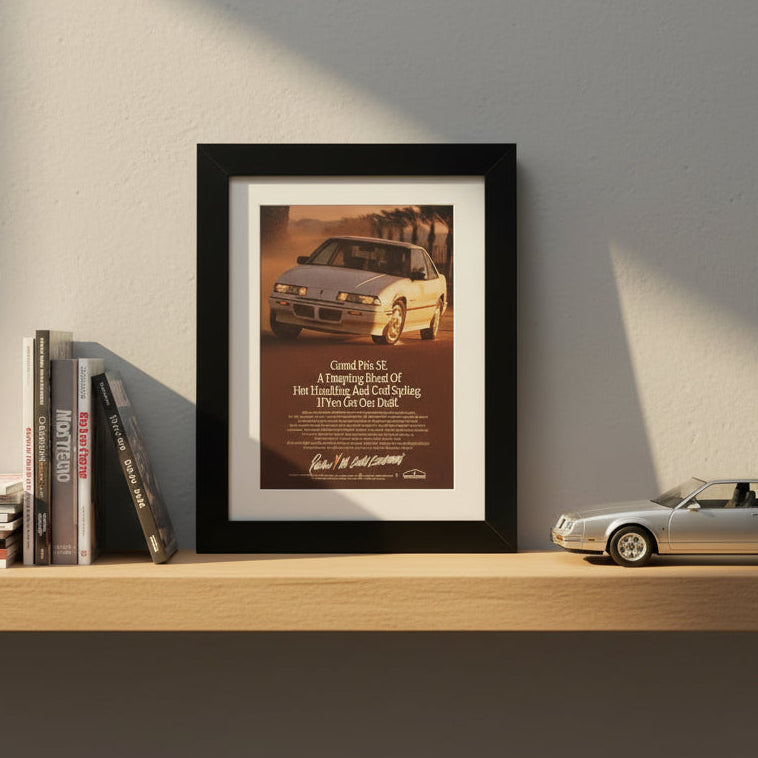 A framed vintage Pontiac Grand Prix SE advertisement print, featuring a white sports car on a warm sunset road with the headline 'Grand Prix SE' and smaller text below, set in a black frame with a white mat against a light gray background.