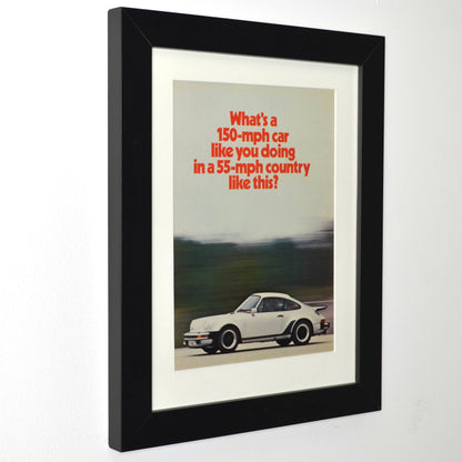 Framed Vintage Porsche 911 Turbo Print – Classic ‘150-MPH Car’ Advertisement – Collector’s Wall Art side view

