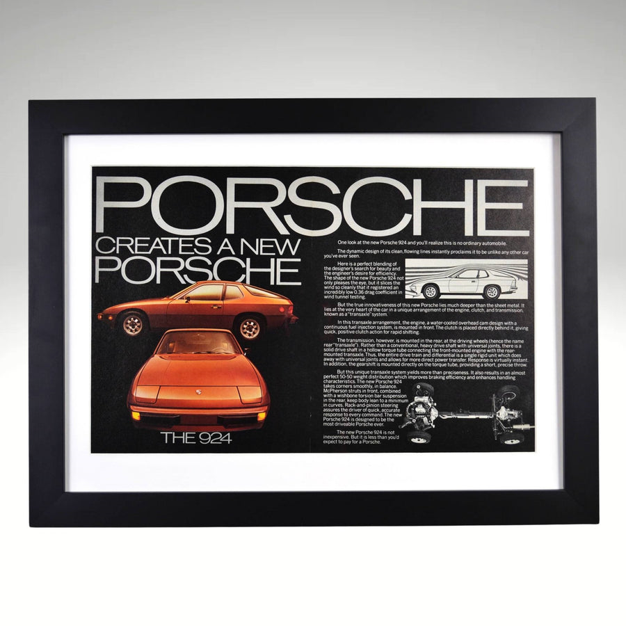 Framed Porsche 924 vintage ad with bold “Creates a New Porsche” headline

