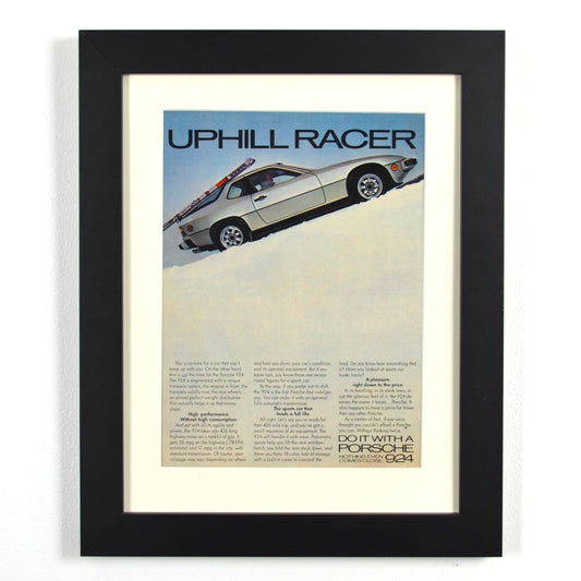 Framed Vintage Porsche 924 Print – Classic ‘Uphill Racer’ Skiing Advertisement – Collector’s Wall Art