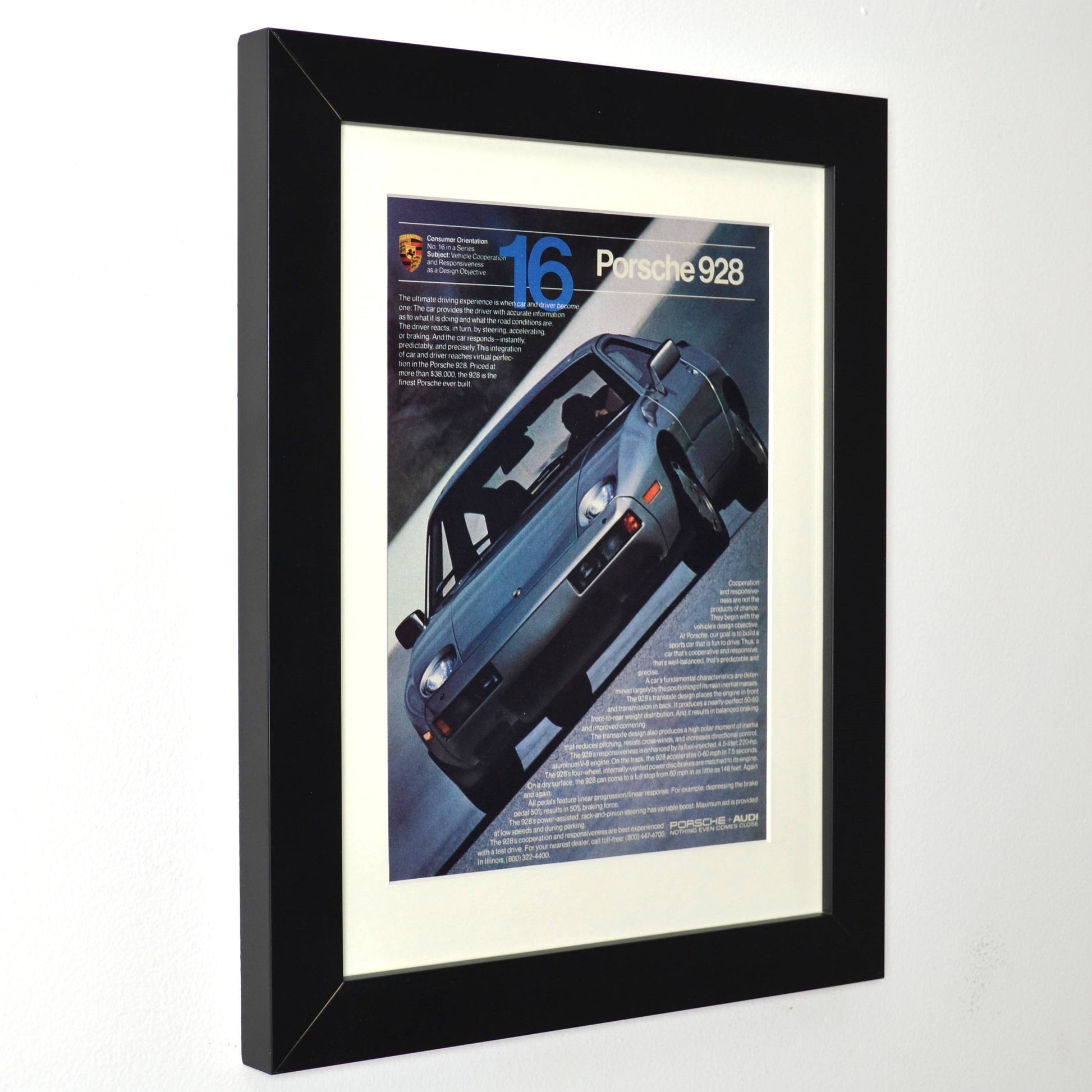 Framed Vintage Porsche 928 Print – Classic Grand Touring Advertisement – Porsche Wall Art with White Mat side view