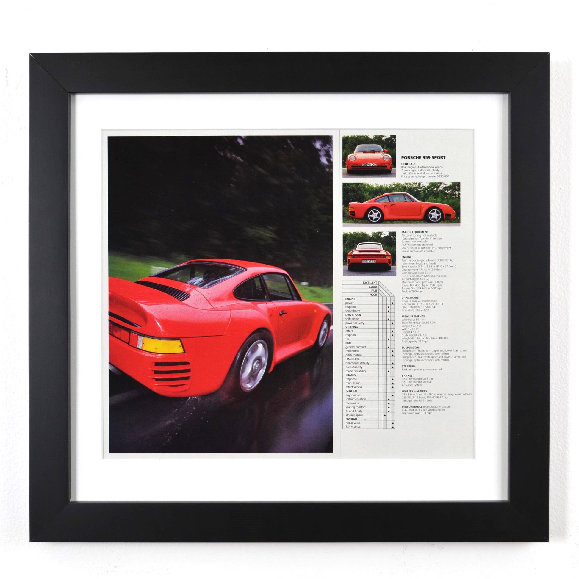 Framed vintage Red Porsche 959 Sport print ad, professionally dry mounted from two pages and displayed in a 13x14 matte black frame with white matting. Features the iconic Porsche 959 supercar in motion, along with performance specs and details