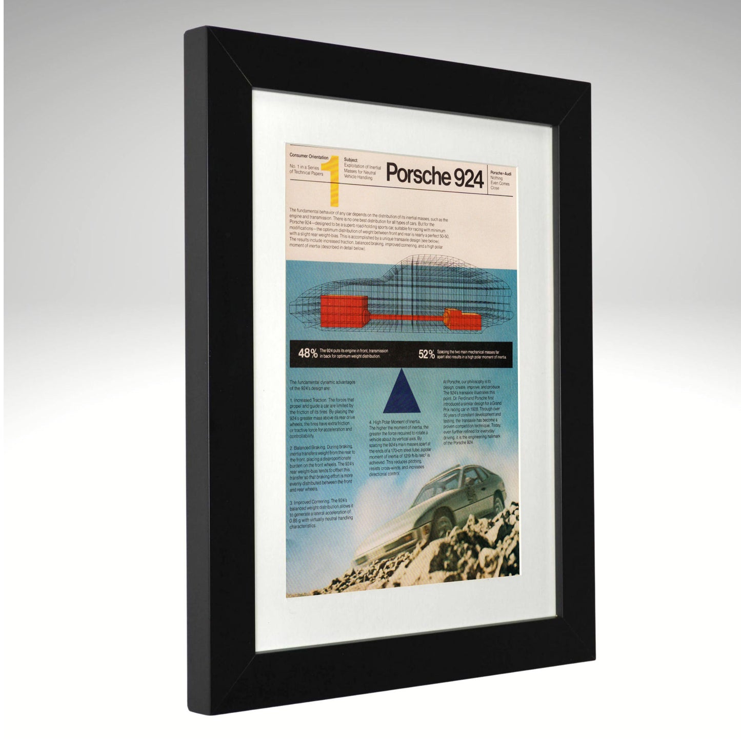 A framed vintage Porsche 924 advertisement print, featuring a black frame, white mat, and a colorful print with text, a car sketch, and a photo of the Porsche 924 on a mountain road.