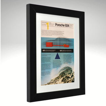 A framed vintage Porsche 924 advertisement print, featuring a black frame, white mat, and a colorful print with text, a car sketch, and a photo of the Porsche 924 on a mountain road.