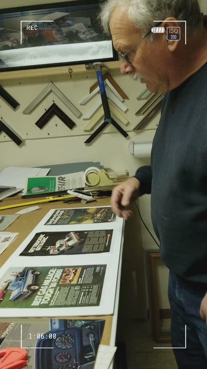 video of vintage automotive prints and the dry mounting process by vintage art garage