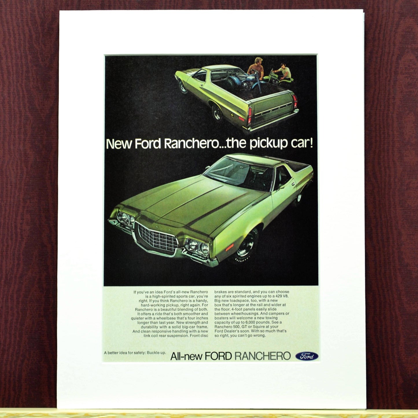 Ford Ranchero automotive print ad, framed classic car wall art