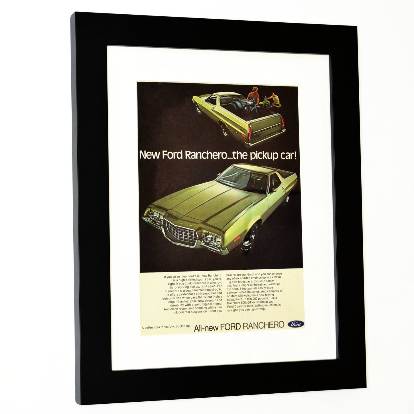 Ford Ranchero automotive print ad, side view, framed