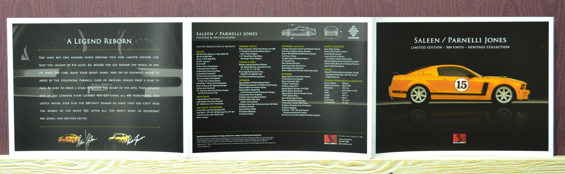 Interior pages of the 2006–2007 Saleen Parnelli Jones Mustang brochure showcasing features, specifications, and #15 Heritage Collection details.