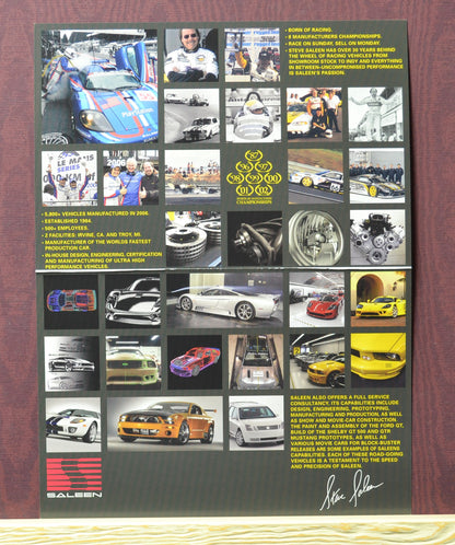 Interior of Saleen Performance promo card showcasing racing heritage, vehicle lineup, and engineering highlights.