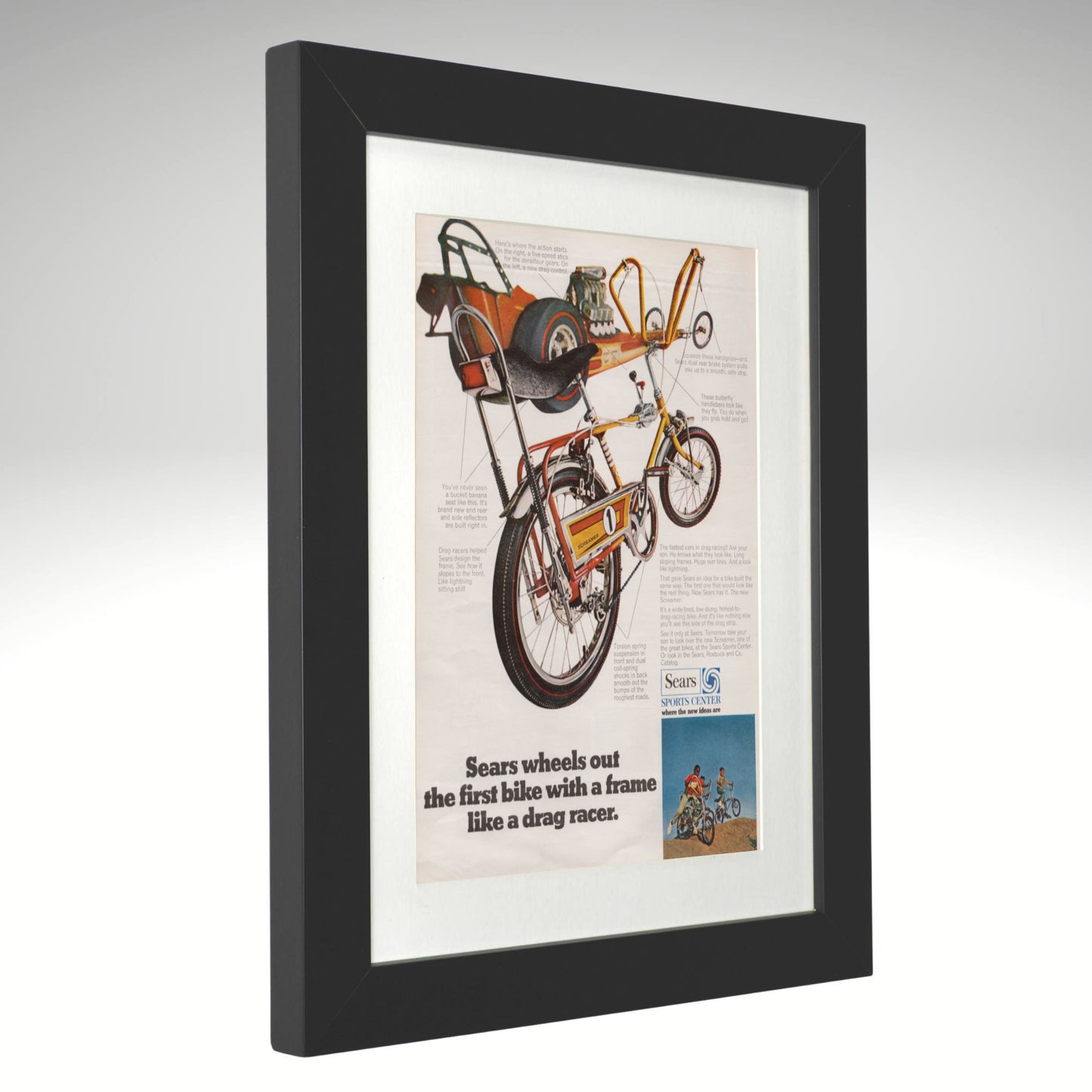 1969-sears-drag-bike-ad-framed-14x17-front side view