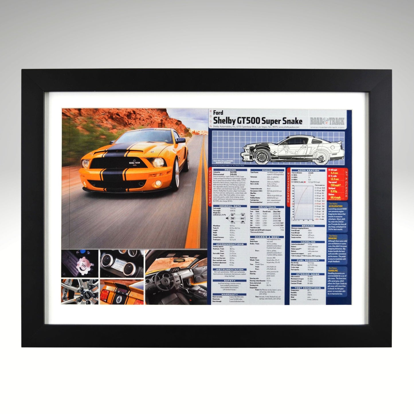 Framed poster of a Ford Shelby GT500 Super Snake with images and specifications.