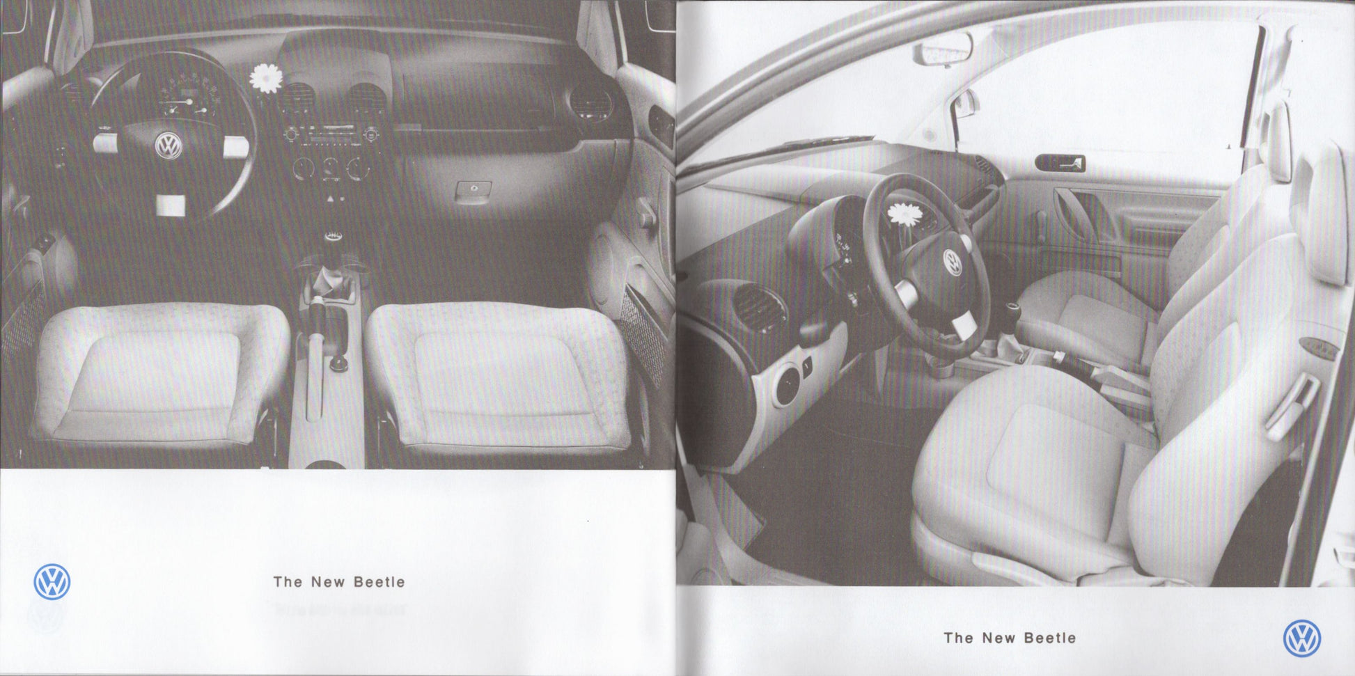 Two views of a car interior with Volkswagen logo, labeled 'The New Beetle'.