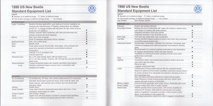 Two pages from a 1998 US New Beetle standard equipment list with Volkswagen logo.