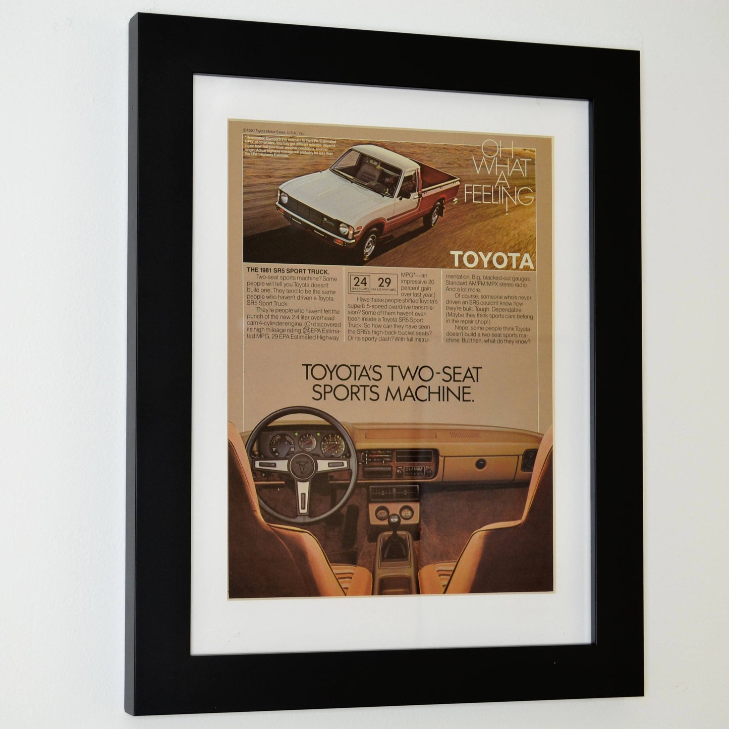 1981 Toyota SR5 sport pick up truck print ad, side view, framed