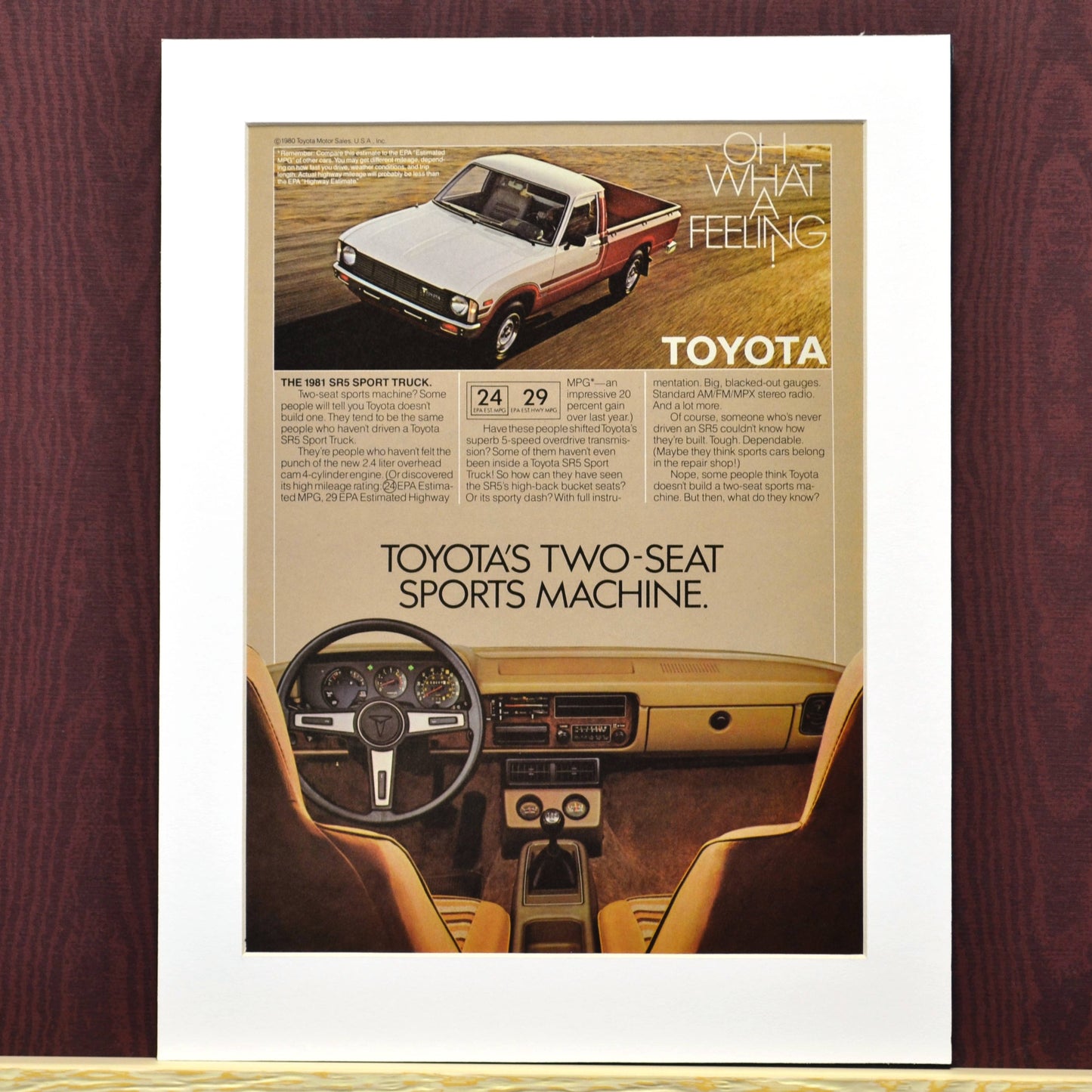 1981 Toyota SR5 sport pick up truck print ad, Framed classic truck wall art