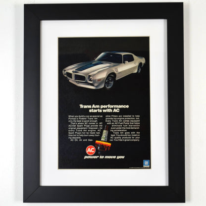 A Match Made in Power: Framed 1972 Pontiac Trans-Am & AC Spark Plugs Ad, framed