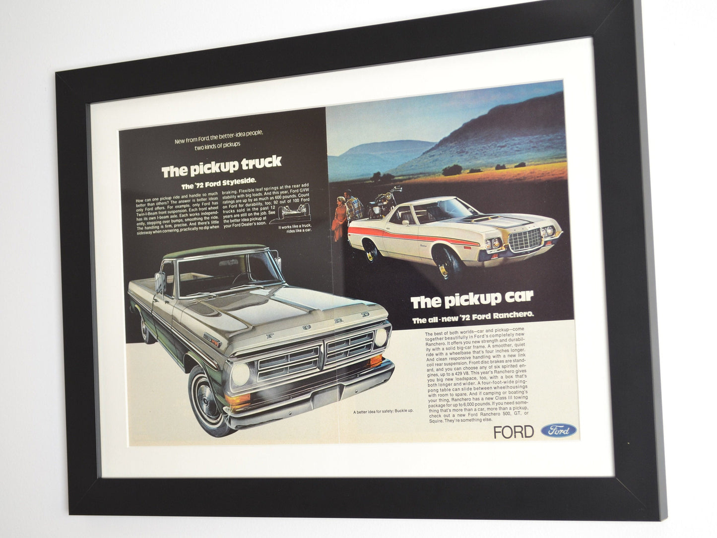 1972 Ford Styleside Pickup & Ranchero Ad – Framed Retro Wall Art, 15x20 side view