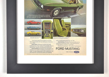 1973 Ford Mustang classic car print ad, framed automotive wall art