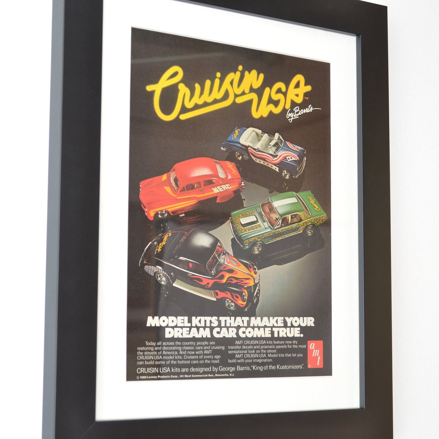 vintage hot rod cars automobilia print, side view, framed