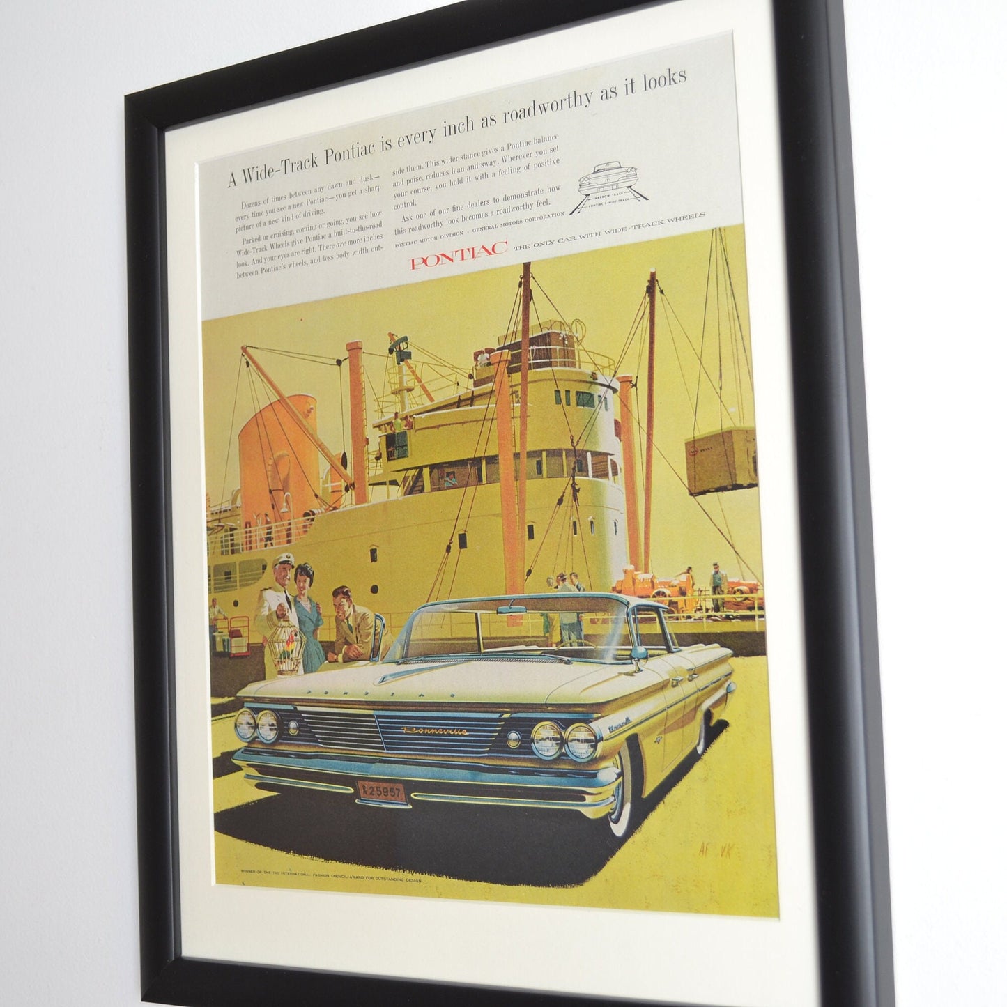 Pontiac Bonneville classic car print ad, side view, framed