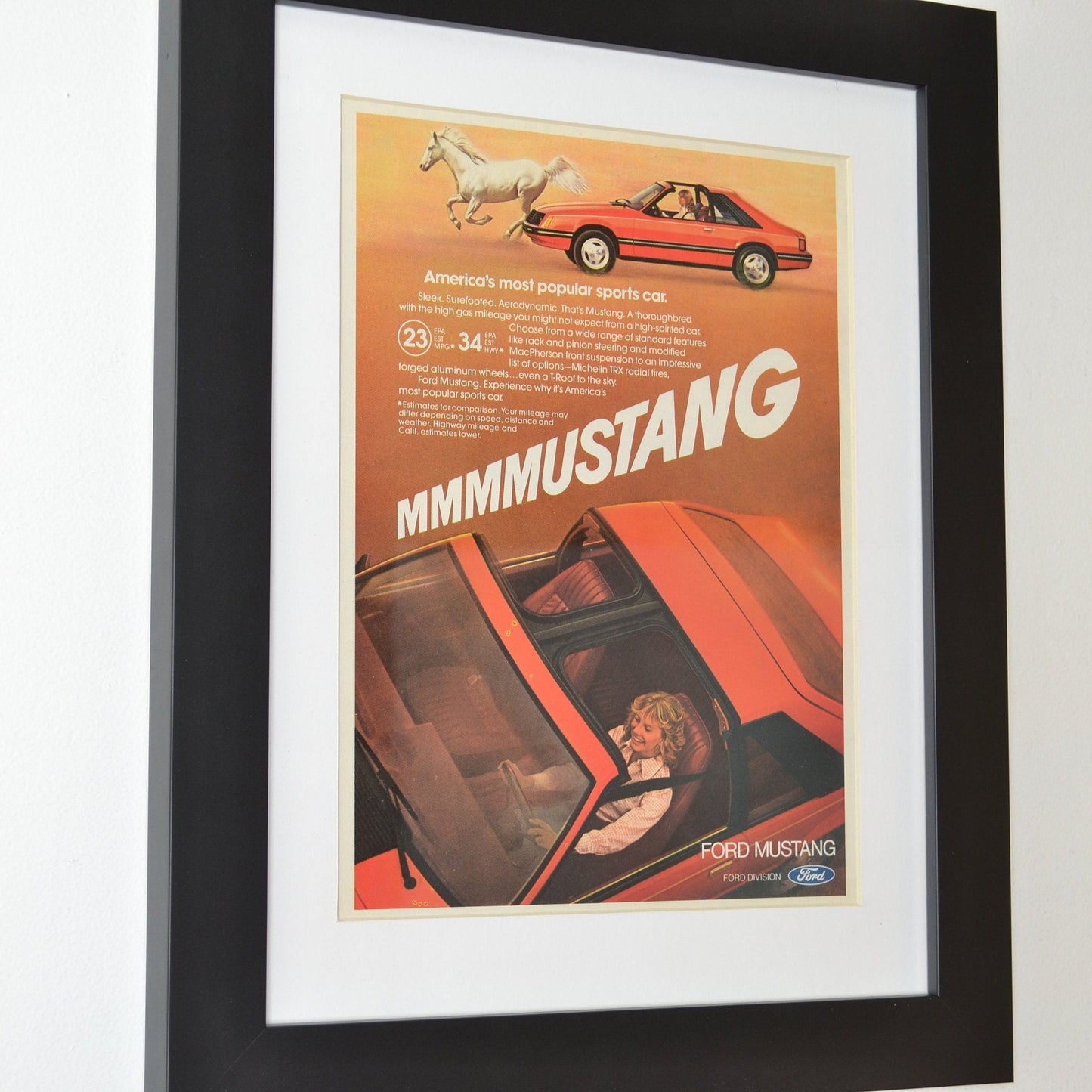 1981 Ford fox body Mustang GT print ad, side view, framed