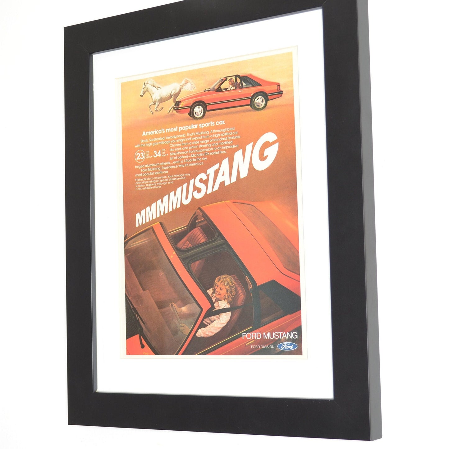 1981 Ford foxbody Mustang GT print ad, side view framed