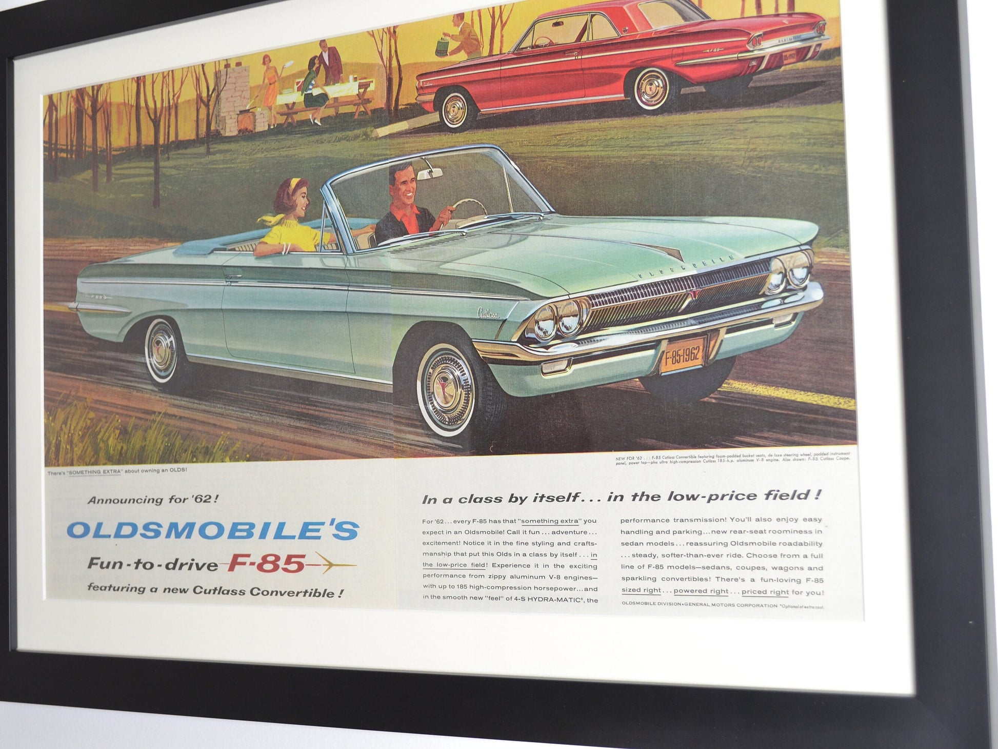 Oldsmobile Cutlass convertible classic car wall art, side view, framed