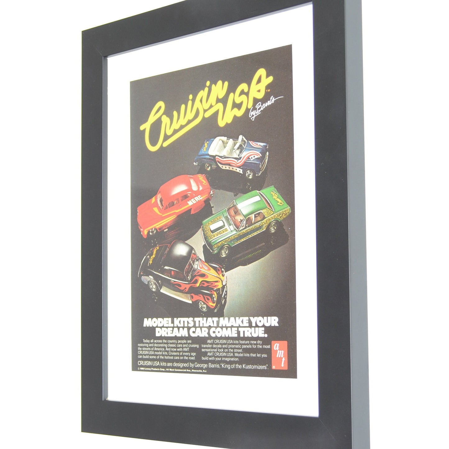 vintage hot rod cars automobilia print, side view, framed