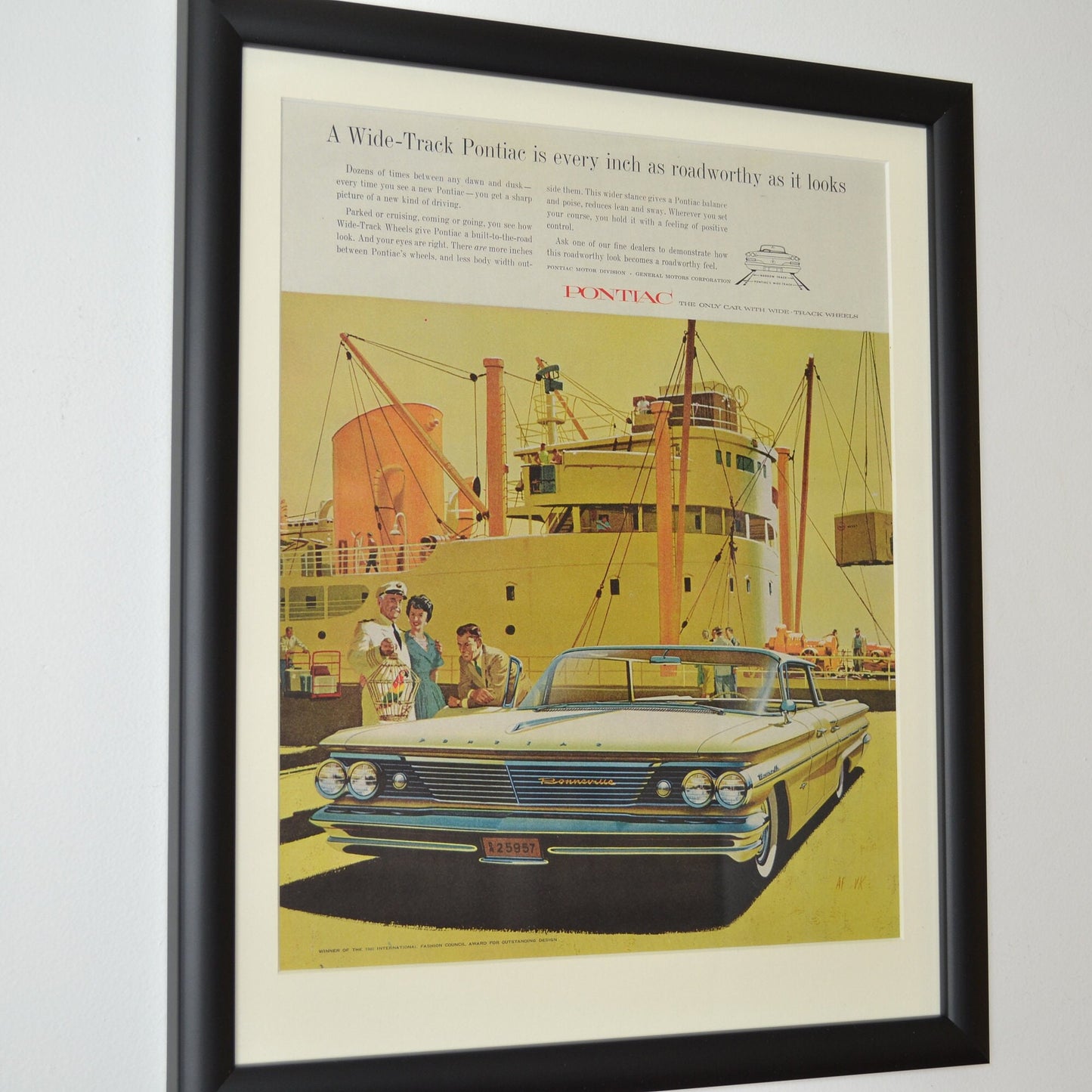 Pontiac Bonneville classic car print ad, framed