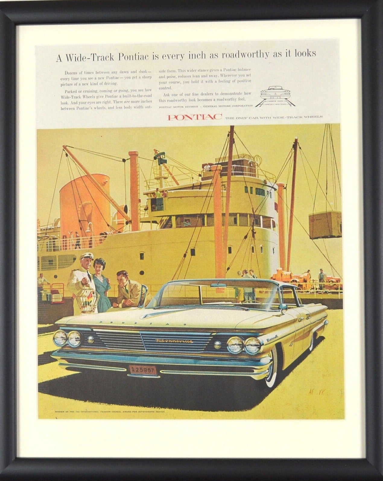 Pontiac Bonneville classic car print ad, framed