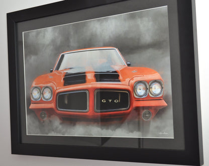 Burnin' Rubber: Framed Pontiac GTO Burnout Print (Classic Car Art)