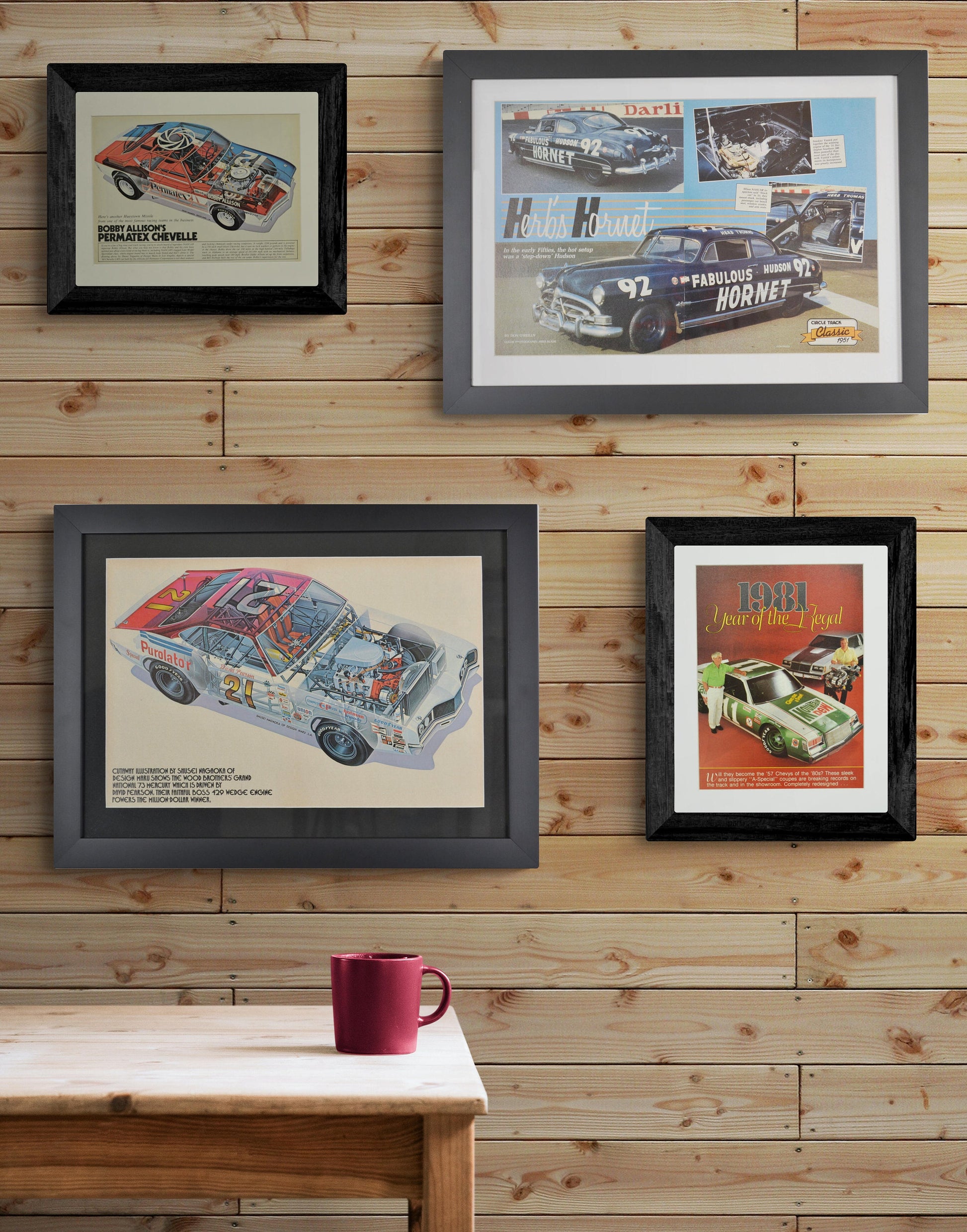 Vintage NASCAR race car wall art, Framed Hudson Hornet, build a wall