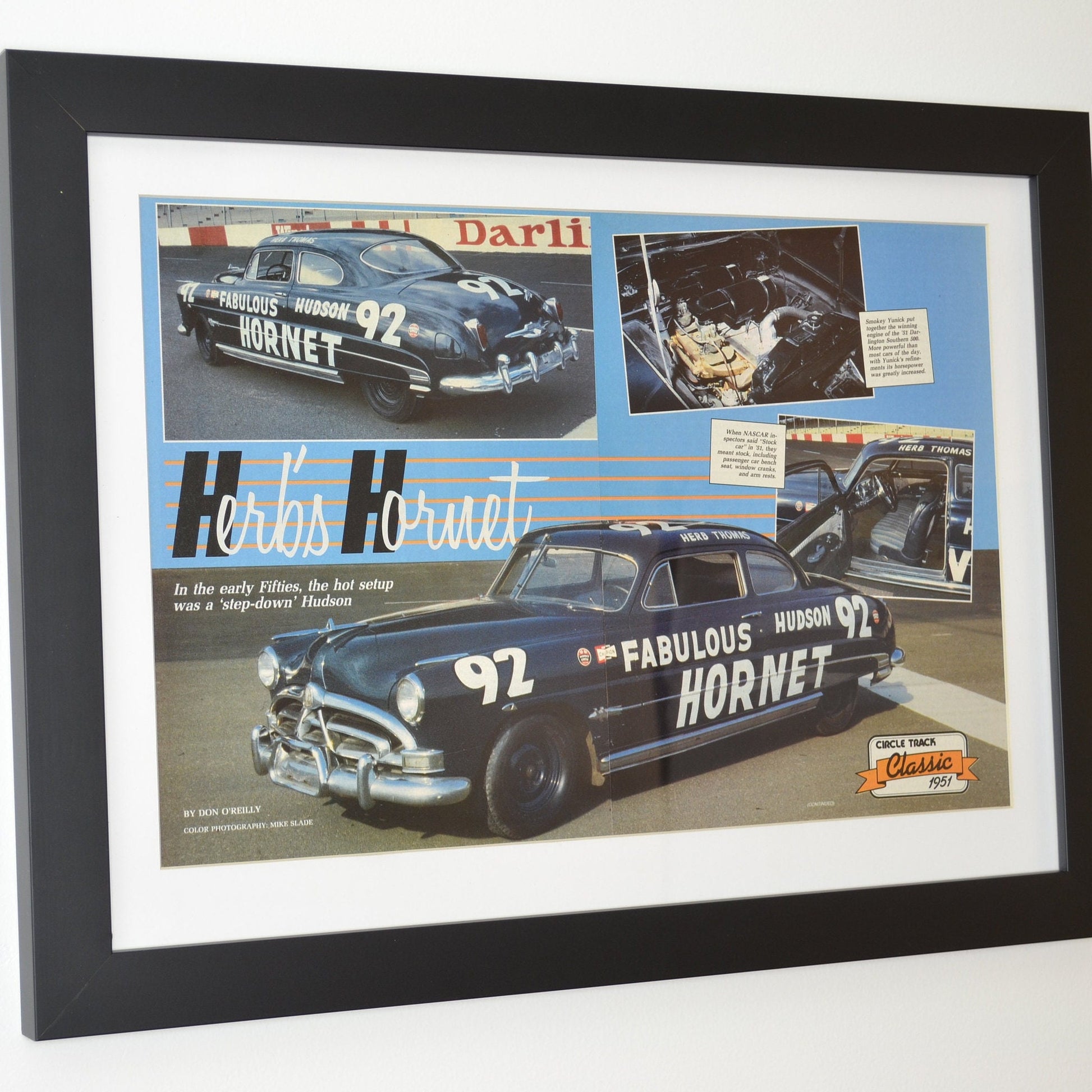 Vintage NASCAR race car wall art, Framed Hudson Hornet, side view, framed