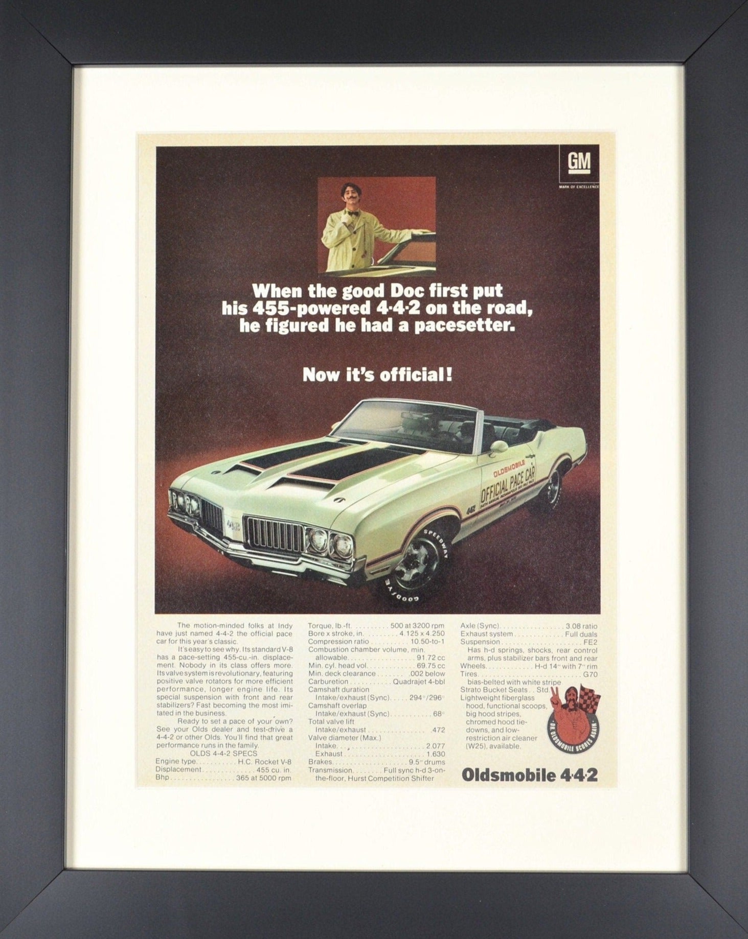 1970 Oldsmobile cutlass 442 Indy pace car convertible print ad framed