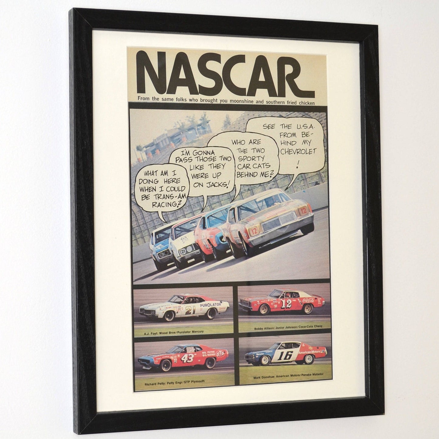 Vintage NASCAR Race Car Wall Art, side view, framed